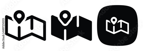 Map with Location Pin Icons Set, Outline, Solid, Glyph Styles Vector