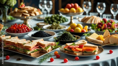 A variety of food items arranged on a table, including sandwiches, fruits, berries, cheeses, and snacks, set for a meal or celebration. photo