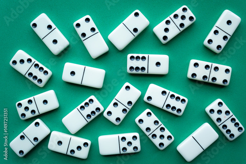 The game of dominoes is a table game involving rectangular pieces with dots that represent numbers. The objective is to match tiles with matching numbers. Photo with green background.