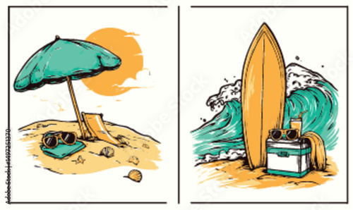Summer Beach Scene with Umbrella, Surfboard, and Cooler in Vector Art
