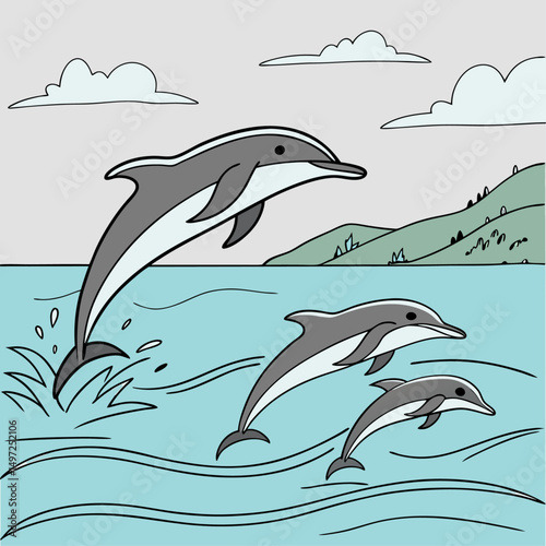 Flat Fishing Design – Catching Fish, Nature, and Water Landscape Vector