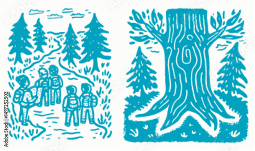 Nature Adventure Scene with Hikers and Majestic Tree Illustration