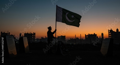 Soldier Raising Pakistan Flag During Sunset Commemoration on Ruins