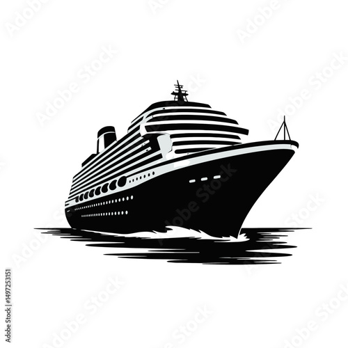 A large cruise ship is shown in a black silhouette, sailing with a slight wake visible in the water