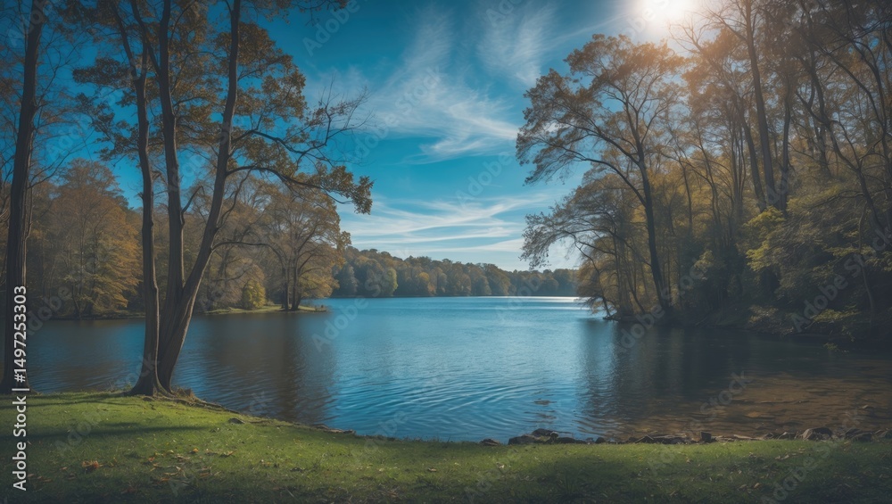 Obraz premium Serene river scene with trees and blue sky, peaceful nature landscape, tranquil water, and lush greenery during daylight.