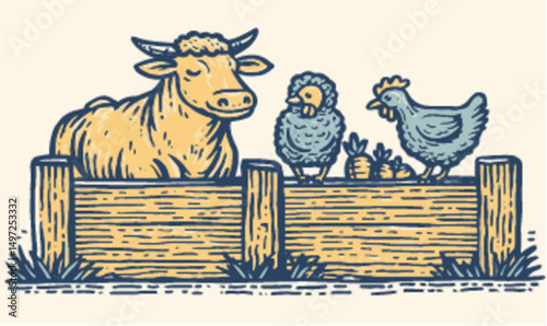Vintage Barnyard Animals with Cow, Chicken, and Sheep Illustration
