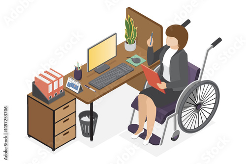 Lady working with a computer and documents in a office. Woman uses a wheelchair. Physical disability and society. Vector flat isometric illustration