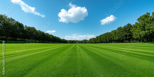 Beautifully mowed green grass field landscape under bright blue sunny sky