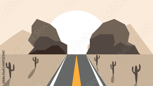 Highway through a Desert Land with Cacti and Rocks in the Sun. Landscapes and nature in hot weather, traveling vector art