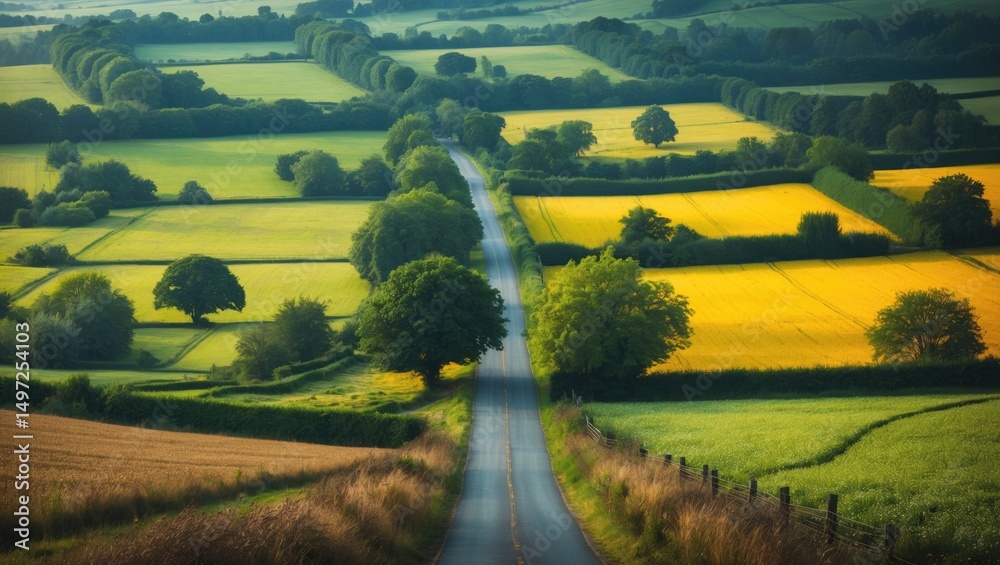 Obraz premium Lush farmland with fields, trees, and a winding road in the countryside. A scenic rural landscape with vibrant green and yellow patches.