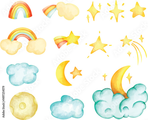 Watercolor Rainbow, star,and Cloud Illustration Set, Cute Moon, Star, and Sky Elements Collection, Hand-Painted Celestial Elements Clipart Pastel Sky Decorations, Moon, Stars, Clouds, Adorable Weather