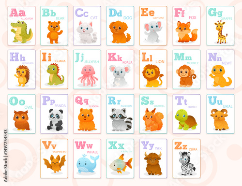 Vector cartoon set with animals. Alphabet for learning letters. Alligator, elephant, cat, dog, fox, panda, giraffe, owl, koala, hedgehog, jellyfish, whale, etc. Design element for children's books,