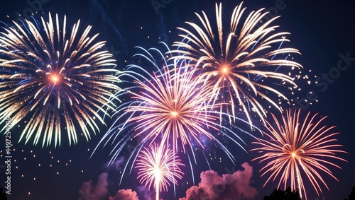 Colorful fireworks display in the night sky with bright bursts and smoke. Celebrations and festivities, event. The concept of fireworks and celebration. photo