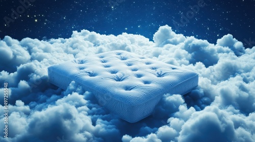 A Comfortable Mattress Floating Above Fluffy Clouds at Night