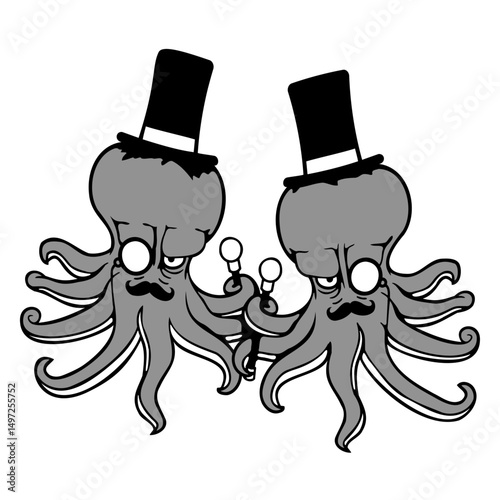 2 octopus sir hat monocle glasses two rich friends Isolated Vector Graphic Design Illustration
