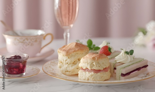 A delicate afternoon tea setup with scones, clotted cream, jam, and sandwiches, Generative AI