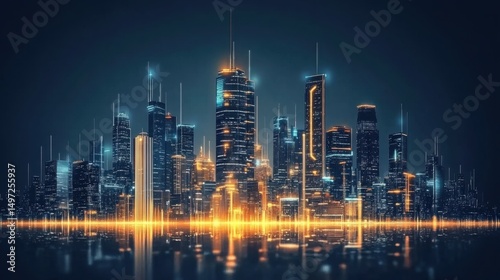Futuristic cityscape with illuminated skyscrapers and high-tech infrastructure at night
