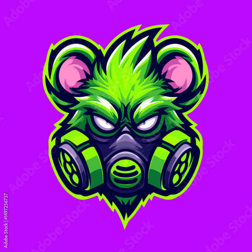 Creative esports logo featuring a green-haired bear wearing a gas mask against a vibrant purple background