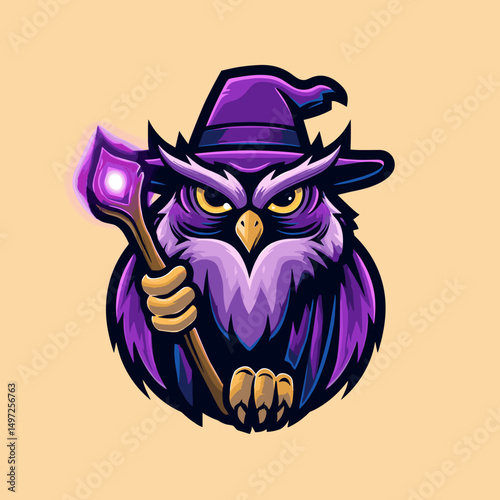 Creative esports logo featuring a wizard owl character with a magical staff