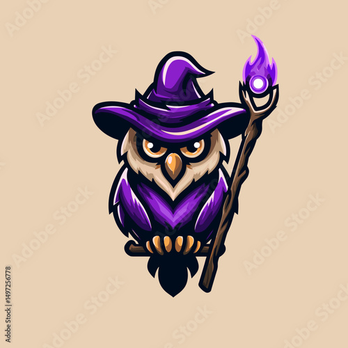 Mystical owl esports logo design featuring a wizard hat and magical staff with purple accents for gaming team branding