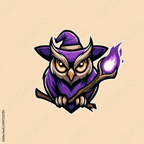 Cool esports logo featuring a wizard owl with a magic wand and purple accents