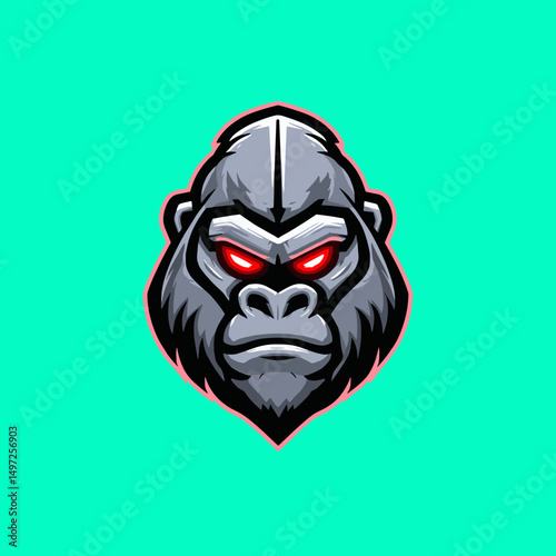 Bold esports logo featuring a fierce gorilla with glowing red eyes on a vibrant teal background