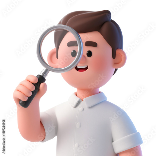 Cartoon Man Examining with Magnifying Glass