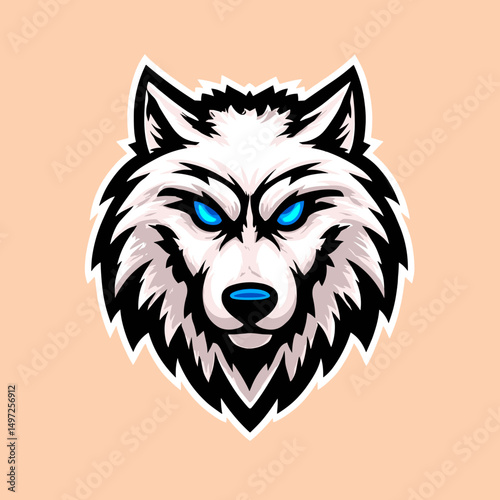 Bold esports logo featuring a fierce wolf head with piercing blue eyes on a soft pink background