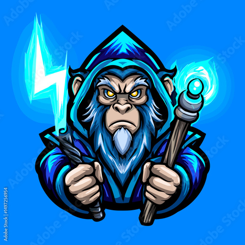 Epic esports logo featuring a powerful wizard monkey with electric effects and mystical aura