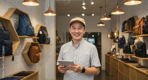 Smiling Asian Man in Casual Outfit Holding Tablet in Trendy Bag Store photo