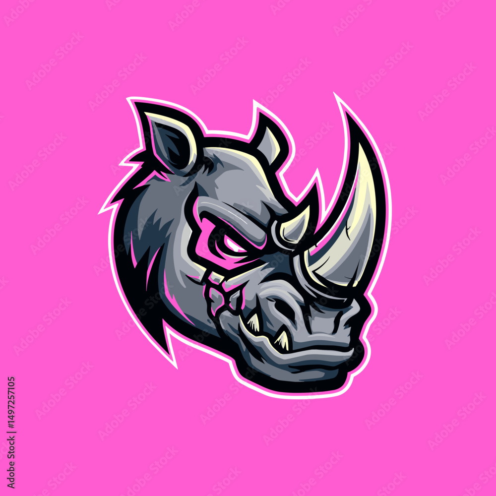 Fototapeta premium Dynamic esports logo featuring a fierce rhinoceros head design in vibrant pink background
