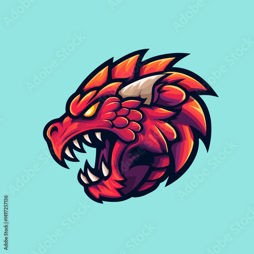 Vibrant esports logo featuring a fierce red dragon head with bold colors and striking details