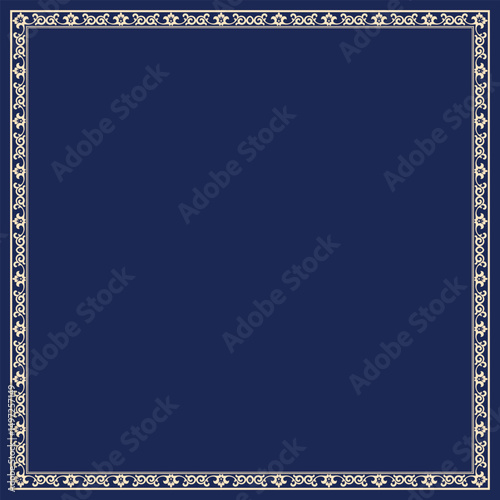Decorative frame Elegant vector element for design in Eastern style, place for text. Floral golden and dark blue border. Lace illustration for invitations and greeting cards