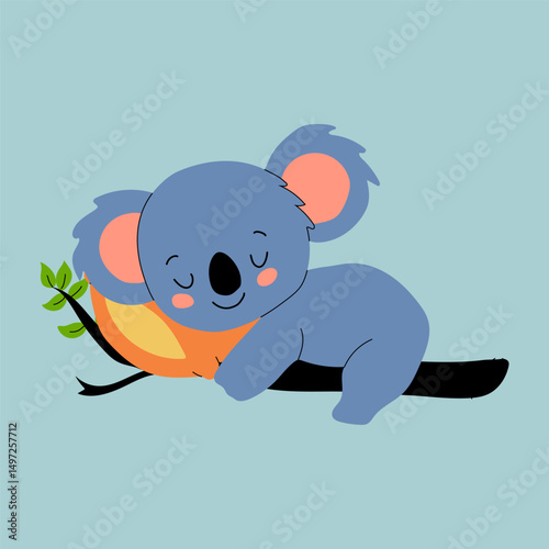 Sweet Cartoon Koala Sleeping on a Branch with a Pillow