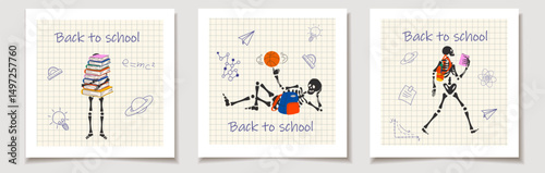 Back to School Cards with Funny Skeleton Student Character