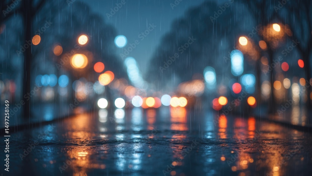Obraz premium Blurry perspective of a street illuminated at night during winter rain. Background of bokeh lights. Artistic abstraction.