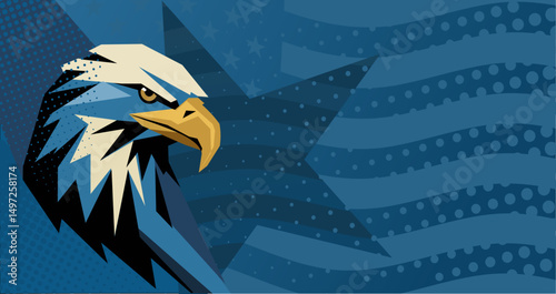Blue patriotic stylized background with eagle head and United States flag – vector illustration