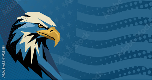 Blue patriotic stylized background with eagle head and United States flag – vector illustration