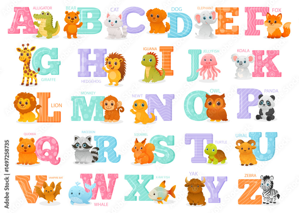 Obraz premium Vector cartoon set with animals. Alphabet for learning letters. Alligator, elephant, cat, dog, fox, panda, giraffe, owl, koala, hedgehog, jellyfish, whale, etc. Design element for children's books,