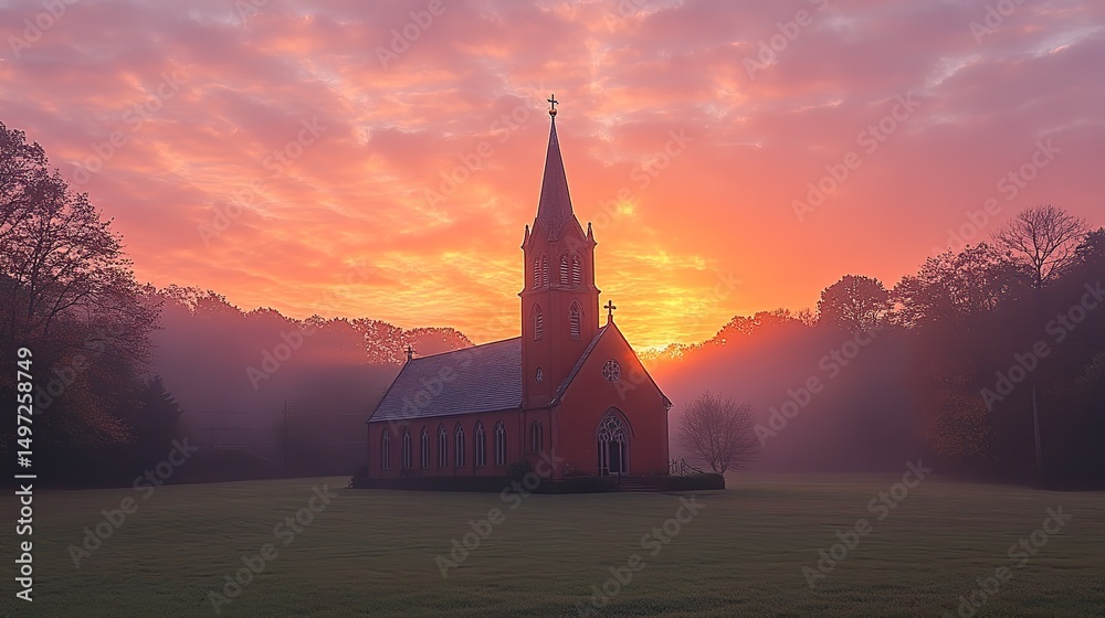 Obraz premium Crimson Church Silhouette at Dawn amidst the Ethereal Mist Scenery