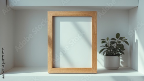 Blank picture frame featuring space for words on shelf