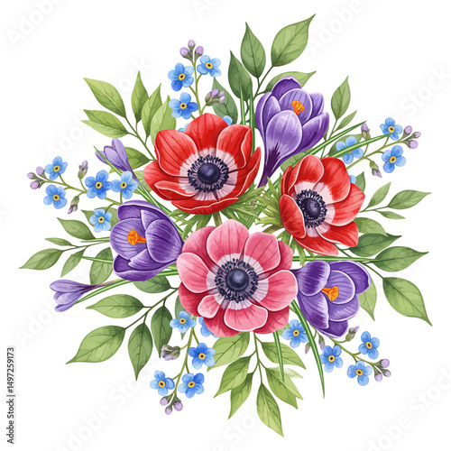 Colorful Anemone, Crocus, and Forget-Me-Not Bouquet