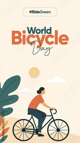 Minimalist illustration for World Bicycle Day cycling outdoors, promoting eco-friendly living, active commuting, and health awareness. Suitable for campaigns, posters, social media