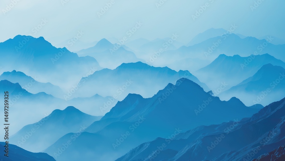 Obraz premium A mountain landscape with misty peaks and layers in blue tones.