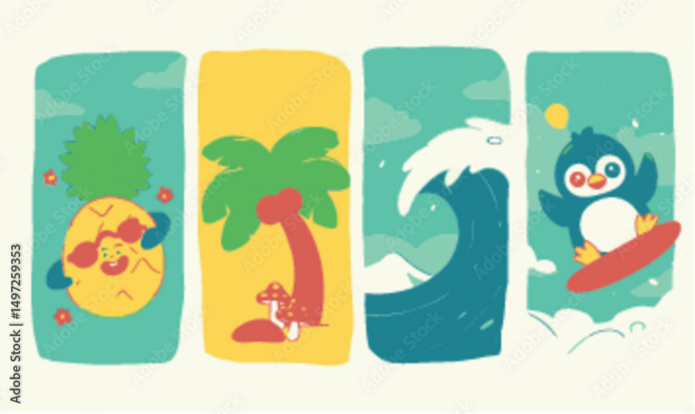 Obraz premium Playful Vector Illustrations Featuring Tropical Elements and Ocean Waves