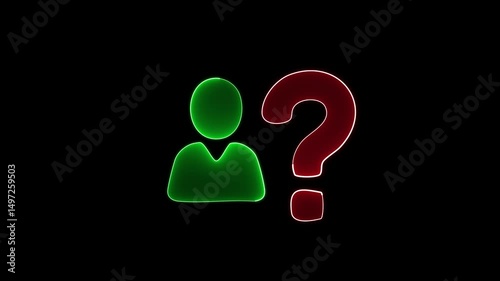 Glowing neon line Human head with question mark icon isolated on black background. 3d render of a man symbol on red background
