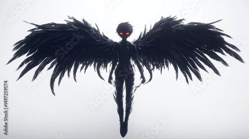 Dark, winged figure with red eyes against a white background