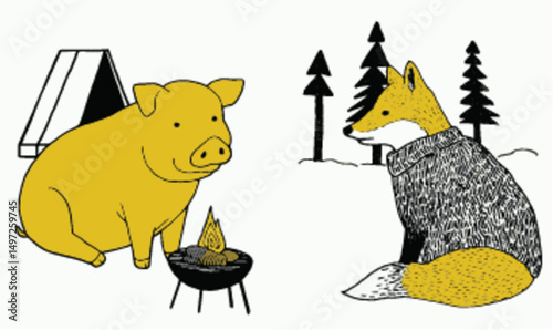 Playful Pig and Cozy Fox in Nature Scene Vector Art Illustration