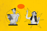 Creative full artwork collage of two happy business partners girls wear headphones dance music hold credit card cashless income