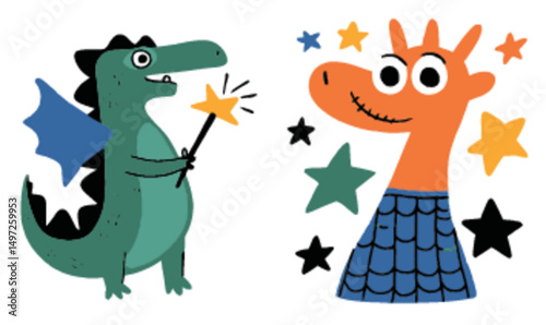 Colorful Cartoon Creatures with Stars and Magic Wand in Vector Art